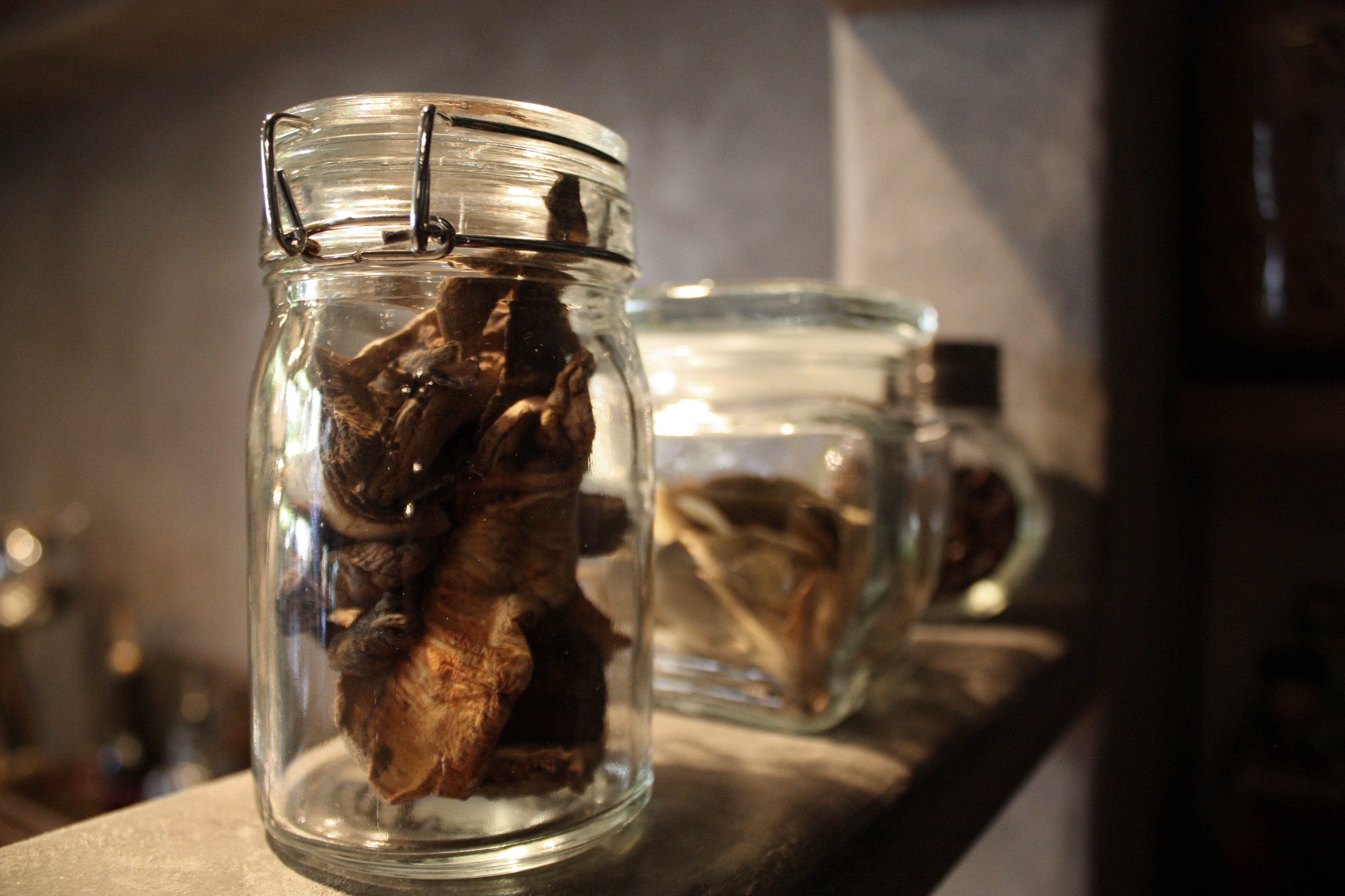 l&l at home-dried mushrooms and herbs -glass bottles and jars - image by L for Thinking Outside the Box - www.linenlavenderlife.com